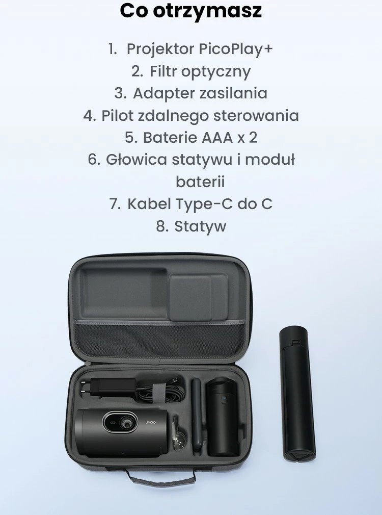 Projektor portabël, JMGO PicoPlay+ Pack J61-7K4 URJMG, 1080p FHD 450 ISO lm, Google TV, Wi‑Fi/Bluetooth, HDMI/USB‑C, altoparlant 8W, antracit, set me tripod dhe power bank 20,000mAh