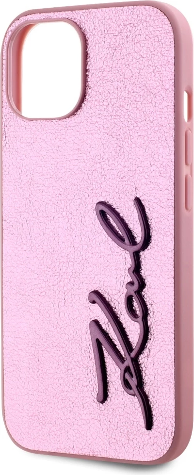 Mbështjellës Karl Lagerfeld Wrinkled Metal Signature për iPhone 15, Rozë