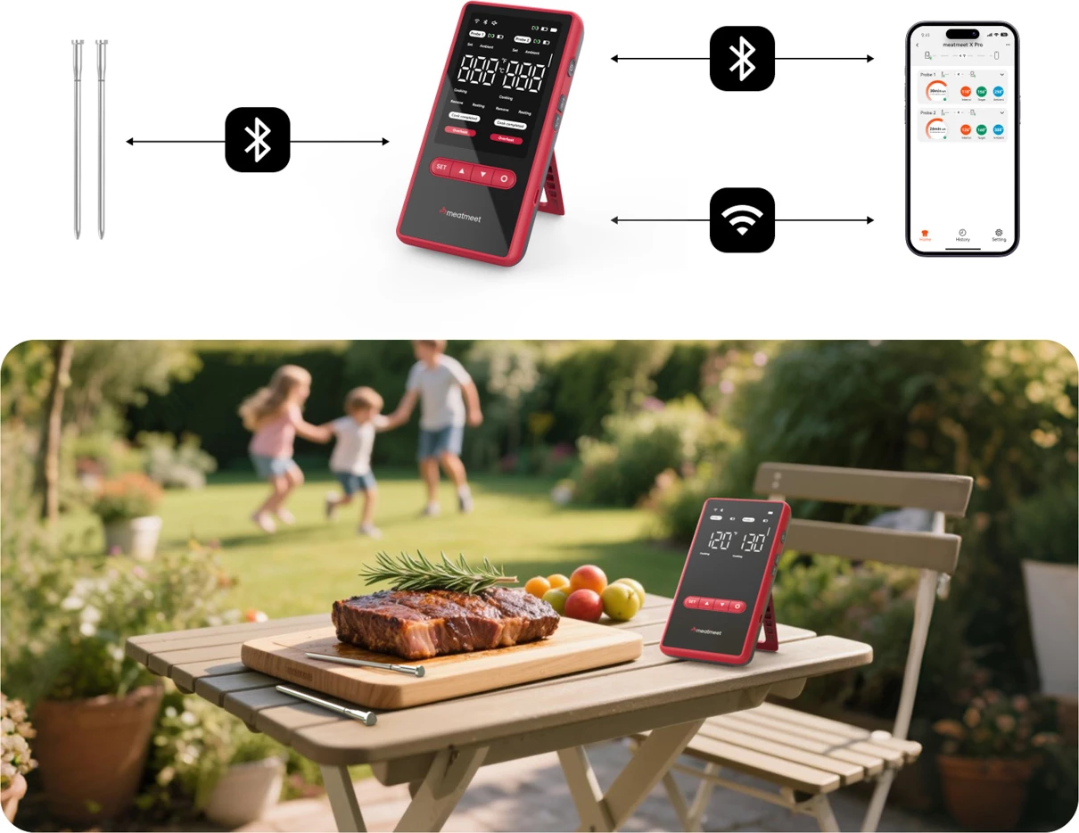 termometër kuzhine, Meatmeet, X Pro, Bluetooth + WiFi, saktësi ±0.1°C, IP69, 2 sonda pa tela, e zezë, set me 2 sonda