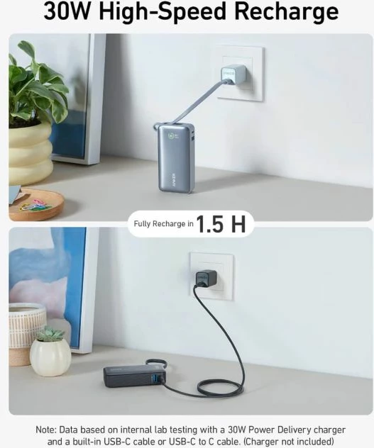 Power bank Anker 545 Nano 10000mAh 30W me kabllo USB-C të integrume, i zi