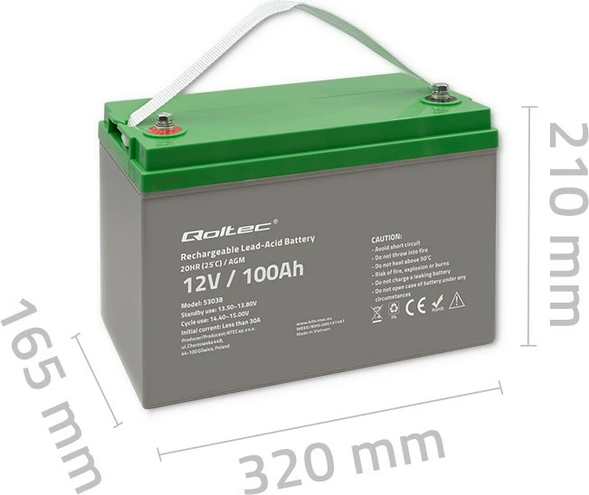 Bateri AGM Qoltec 53038, 12V, 100Ah, Gri/Gjelbër