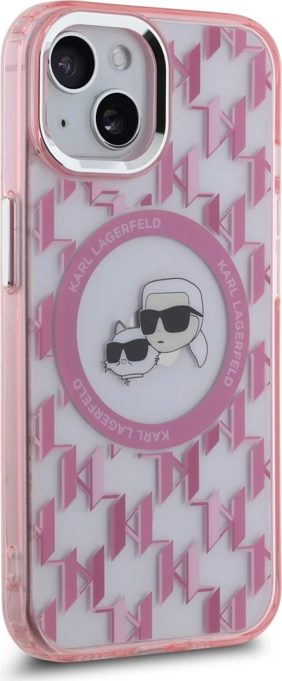 Mbështjellës Karl Lagerfeld IML Monogram Karl & Choupette Head MagSafe për iPhone 15 Plus, Rozë