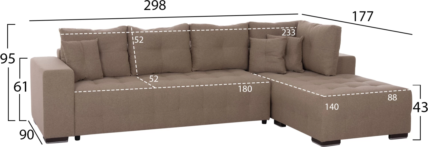 Kënd divan me hapësirë për depo, Trendston FH3302.03R, material bezhë, 298x177x95cm