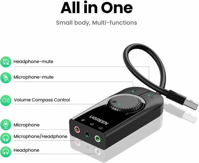 kartë zëri USB e jashtme UGREEN 40964, USB 2.0, 3x 3.5mm, kontroll volum + mute, e zezë