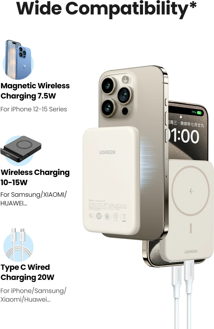 Powerbank Ugreen 25208, 10000 mAh, Power Delivery 3.0, wireless, bezhë