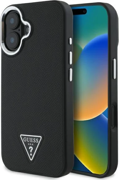 Mbështjellës Guess Grained Triangle MagSafe për iPhone 16 Plus 6.7", i zi, hardcase