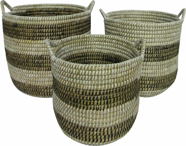 Set shporta KAIA, 3 copë, 42x42x40, kashtë natyrale, PVC e bardhë, e zezë