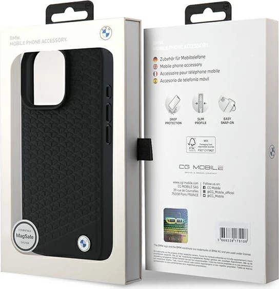 Mbështjellës BMW Signature Leather Diamond Metal Logo MagSafe për iPhone 16 Pro Max, i zi