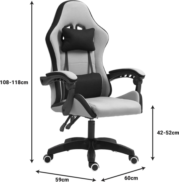 Karrige për zyre gaming Gline, ngjyrë zezë-gri, pëlhurë, pp zezë, 60x59x118cm