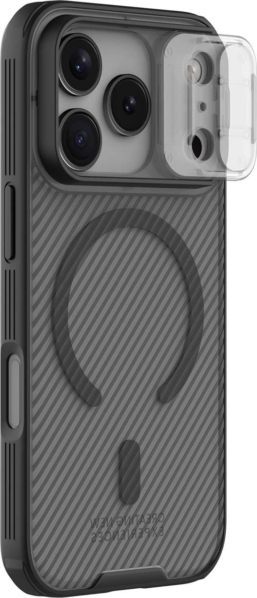 Mbështjellës Nillkin CamShield Pro për iPhone 17 Pro, MagSafe kompatibil, PC+TPU, transparent i zi