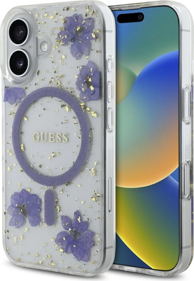 Mbështjellës Guess Resin Flowers Glitter MagSafe për iPhone 16, Vjollcë