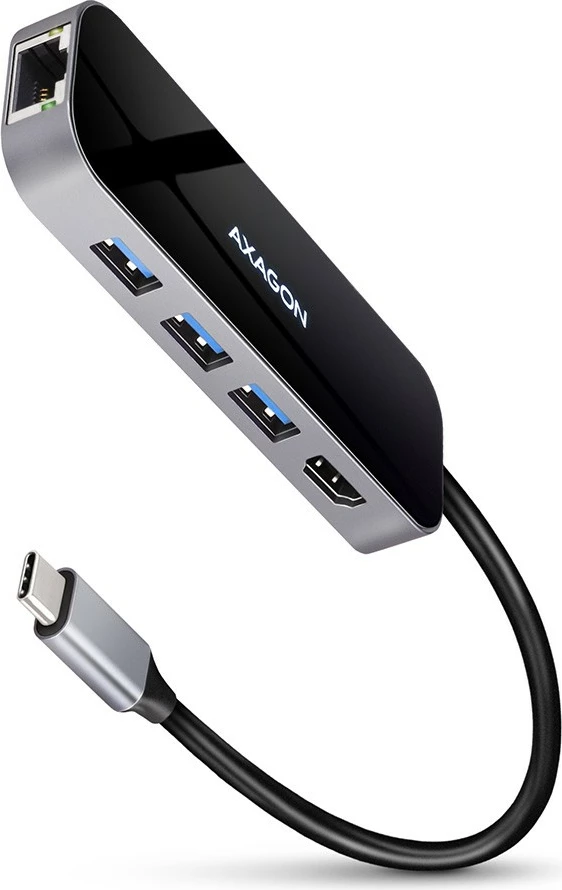 Kasë AXAGON HMC-6GL multiport USB-C 6-në-1, 3x USB-A, HDMI 4K, GLAN, PD 100W, 20cm kabllo, Gri