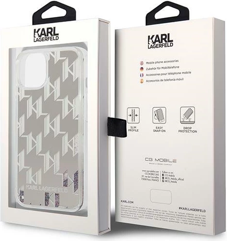 Mbështjellës Karl Lagerfeld KLHCP14MLMNMS për iPhone 14 Plus 6.7", Liquid Glitter Monogram, argjend