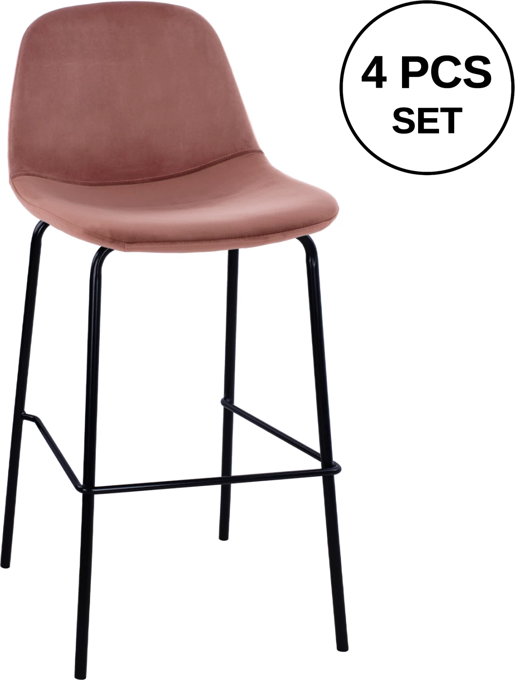 Karrige për bar, kadife rozë e zbehtë, këmbë metalike, 47x51x96, set prej 4 copë