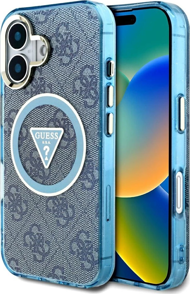 Mbështjellës Guess IML Metal Glitter 4G Circle Triangle MagSafe për iPhone 16, Kaltër