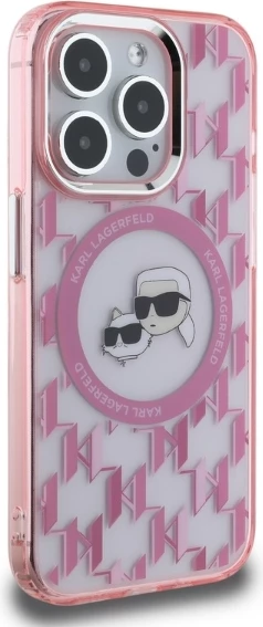 Mbështjellës Karl Lagerfeld IML Monogram Karl & Choupette Head MagSafe për iPhone 15 Pro Max, Rozë