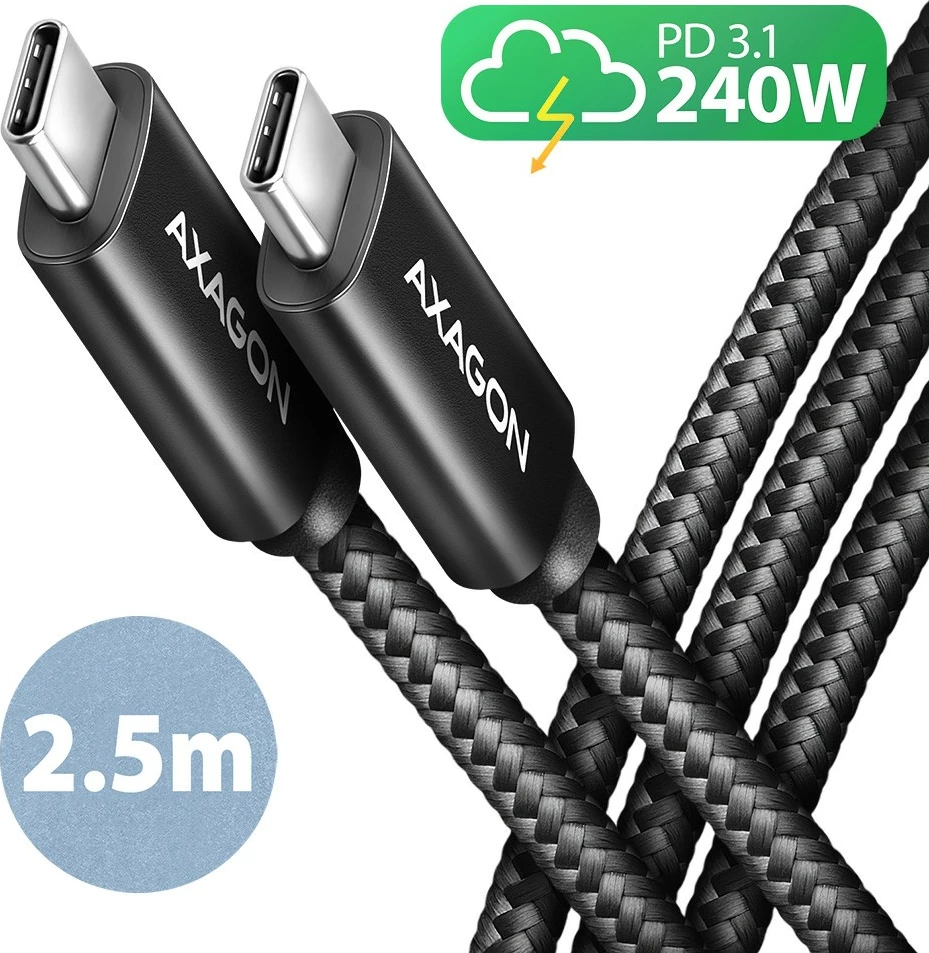 Kabllo USB-C AXAGON BUCM2-CM25AB, 2.5m, 240W PD 3.1, e zezë
