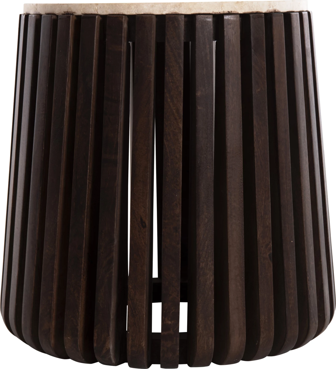 Tavolinë anësore KREST FH9711 dru akacie ngjyrë kafe e çelët-bardhë travertin Φ50x50Hcm