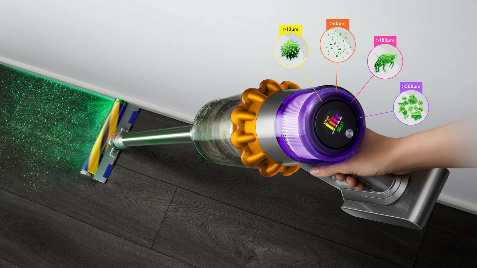 Fshesë me korrent Dyson V15 Detect Absolute, pa qese, 0.76 L, bateri, ngjyrë nikeli dhe e verdhë