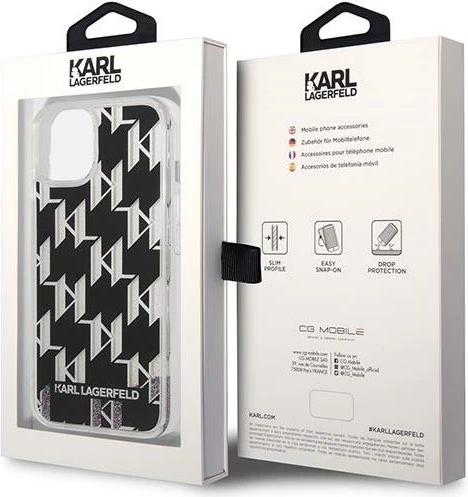 Mbështjellës Karl Lagerfeld KLHCP14SLMNMK për iPhone 14 6.1", hardcase, Liquid Glitter Monogram, zi