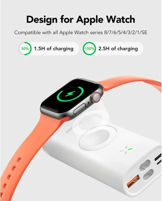 Powerbank VEGER W1162S 10000mAh MagFan me kabllo të integrume Type-C në Lightning, karikues Apple Watch dhe stand, 25W, i bardhë