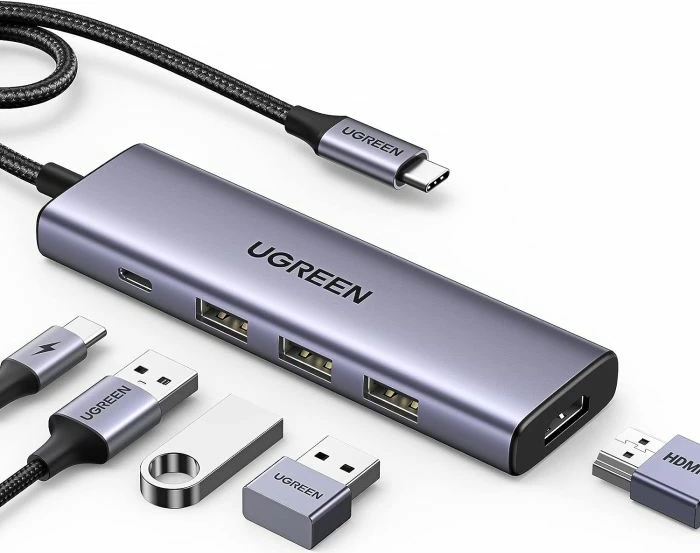USB-C hub UGREEN 15596 5-në-1, 100W PD, HDMI 4K@30Hz, 3x USB-A 5Gbps, gri