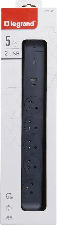 Zgjatues Legrand 049429, 5 prizë, 2 USB (USB-A/USB-C), 1.5m, i zi