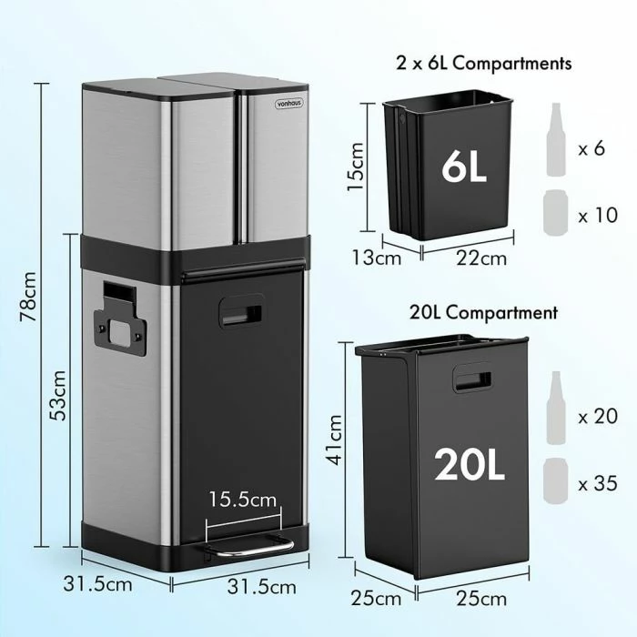 Kosh mbeturinash VONHAUS 1500150 32L me 3 ndarje, çelik inox, argjend