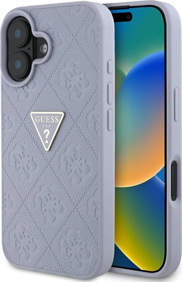 Mbështjellës Guess Hot Stamp 4G Pattern Triangle Metal Logo për iPhone 16, Vjollcë