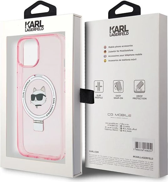 Mbështjellës Karl Lagerfeld KLHMP15SHMRSCHP për iPhone 15 6.1", hardcase me ring stand MagSafe, rozë