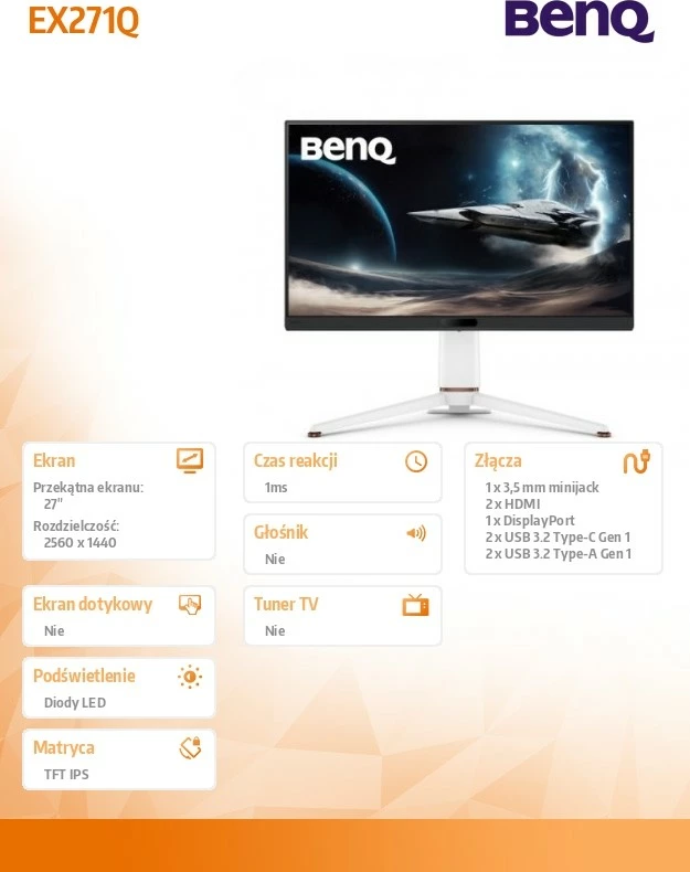 Monitor gaming BenQ EX271Q, 27", 2K, 180Hz, IPS, i bardhë/zi