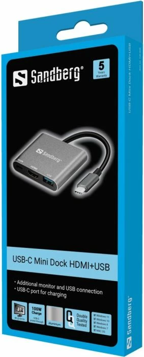 Mini dock USB-C Sandberg 136-00, HDMI + USB 3.0 + USB-C PD 100W, gri