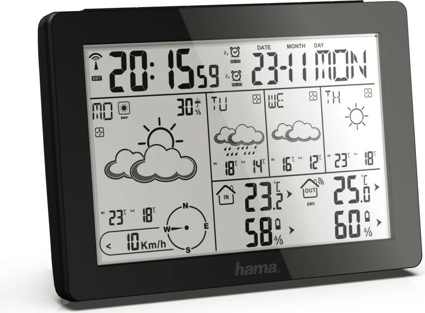 Stacion moti, Hama Meteotime 186369, ekran digjital me ndriçim të bardhë, sensor i jashtëm wireless, parashikim 4-ditor, i zi
