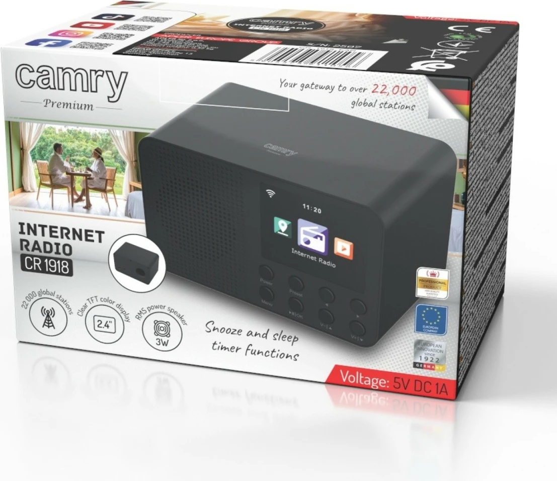 Radio interneti Camry CR1918, ekran 2.4\", WiFi 2.4GHz, Bluetooth, 3W, 99 presete, 2xUSB, 3.5mm, zezë