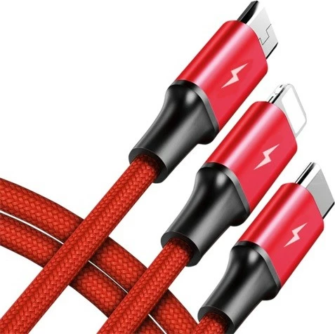 Kabllo karikimi 3-në-1 Unitek C4049RD, 1.2m, USB-C/microUSB/Lightning, Kuqe/Zi