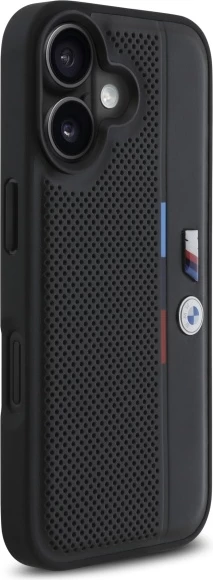 Mbështjellës BMW M Perforated Tricolor Detail Line për iPhone 16, Zi