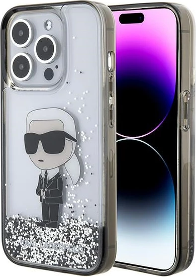 Mbështjellës Karl Lagerfeld Liquid Glitter Ikonik për iPhone 15 Pro, transparent