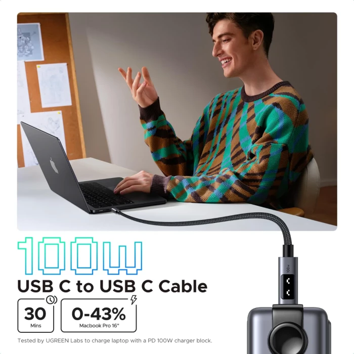 kabllo karikimi USB-C në USB-C UGREEN 35513 (L509) 100W, 3m, gri e errët