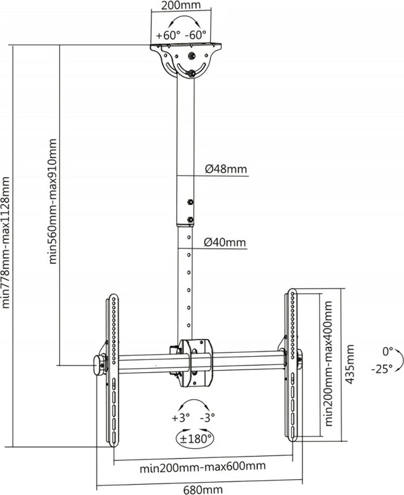 Mbajtës tavani për TV Digitus DA-90421, 37-70 inç, rregullim teleskopik 56-91 cm, i zi