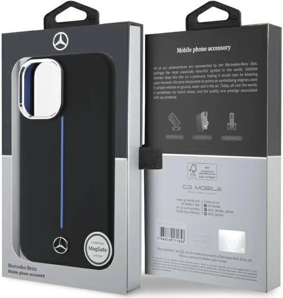 Mbështjellës Mercedes Silicone me MagSafe për iPhone 16, Zi me vijë blu