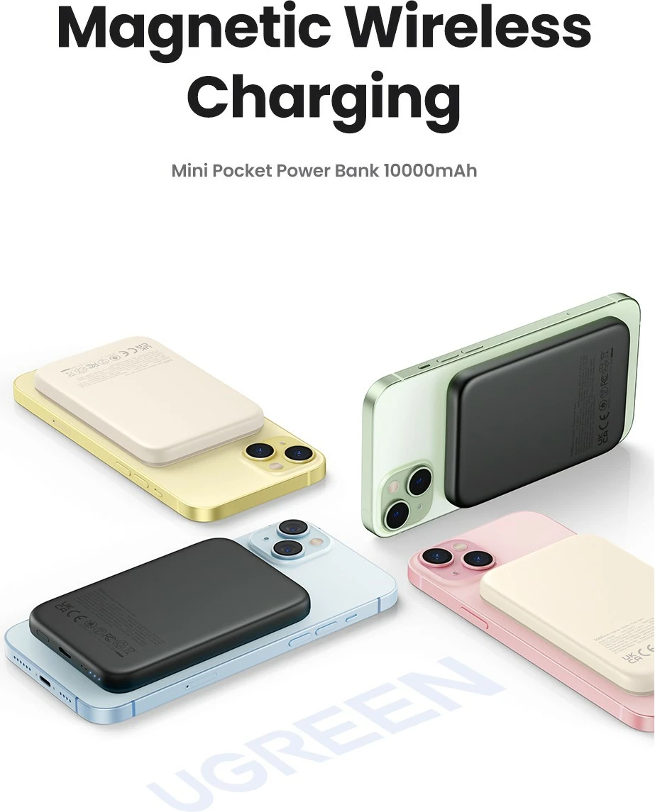 Powerbank Ugreen 25208, 10000 mAh, Power Delivery 3.0, wireless, bezhë
