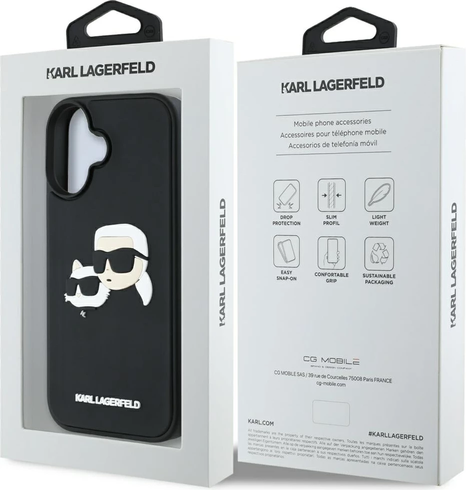 Mbështjellës Karl Lagerfeld HC 3D Rubber Double Heads për iPhone 16, i zi