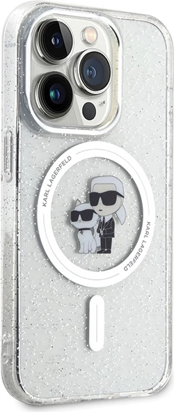 Mbështjellës Karl Lagerfeld Karl&Choupette Glitter MagSafe për iPhone 15 Pro, Transparent