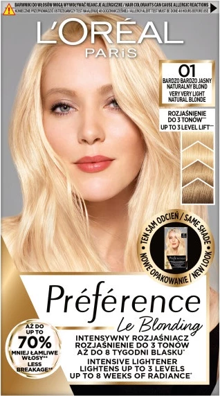 Ngjyrë për flokë L'Oreal Paris Preference Le Blonding për femra 01 Shumë Shumë E Çelur Natyrale Blonde, 1 copë