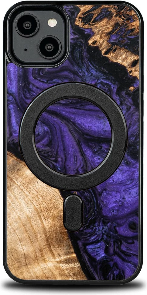 Mbështjellës për celular Bewood Unique Violet për iPhone 15 Plus, MagSafe, dru dhe rrëshirë, vjollcë e zezë