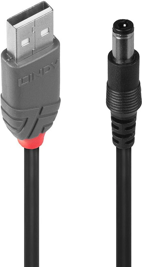 Kabllo adapter LINDY USB 2.0 në DC 5.5/2.5mm, 1.5m, e zezë