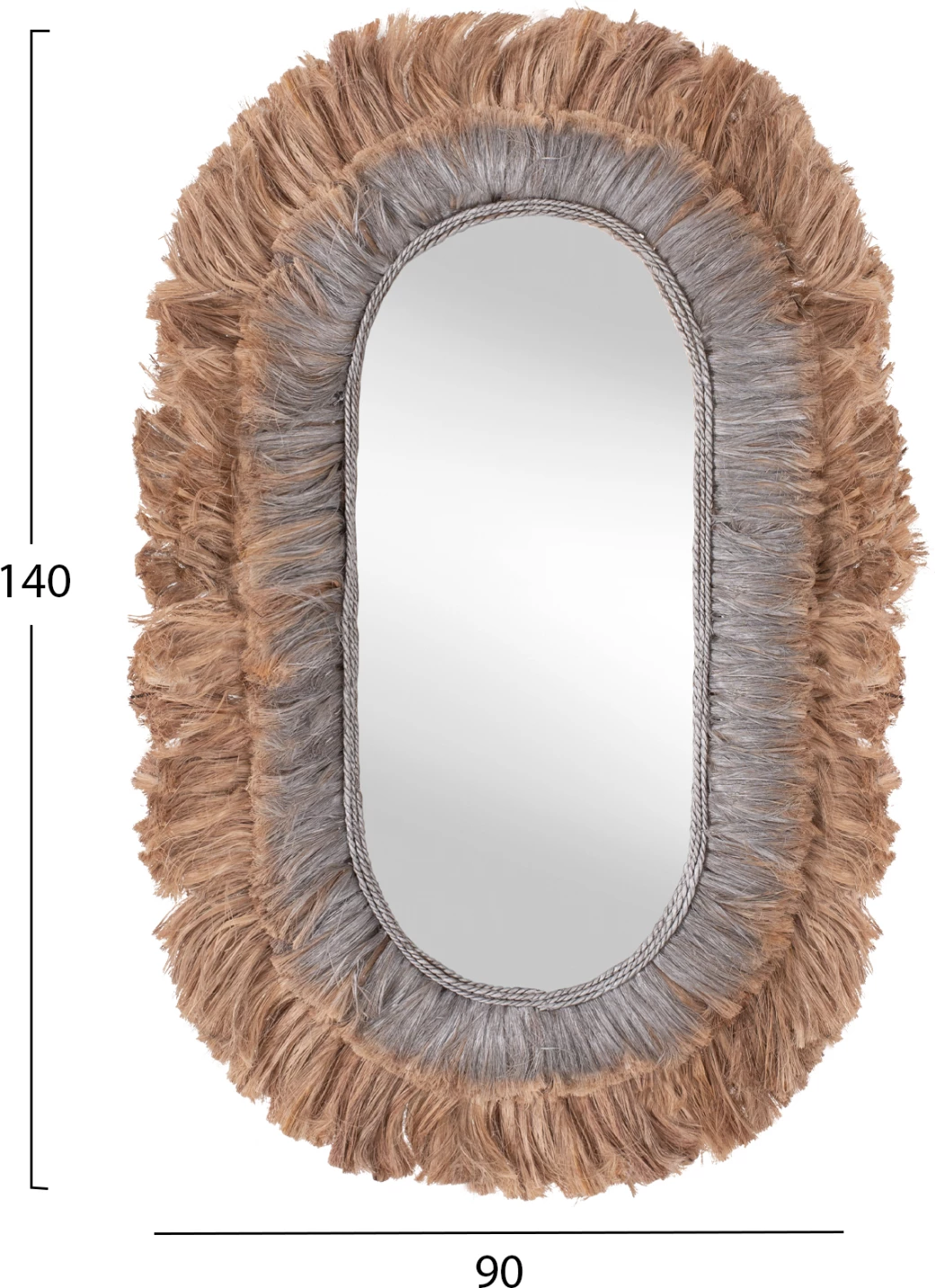 Pasqyrë ovale prej fibrash abaca, ngjyrë natyrale dhe argjendi, FH7738, 90x5x140H cm