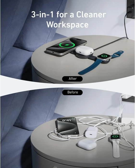 Karikues pa tela 3-në-1 ANKER MagGo B25M8H51 15W (Qi2/MagSafe), rozë, set me adaptor 40W + kabllo USB-C 1.5m