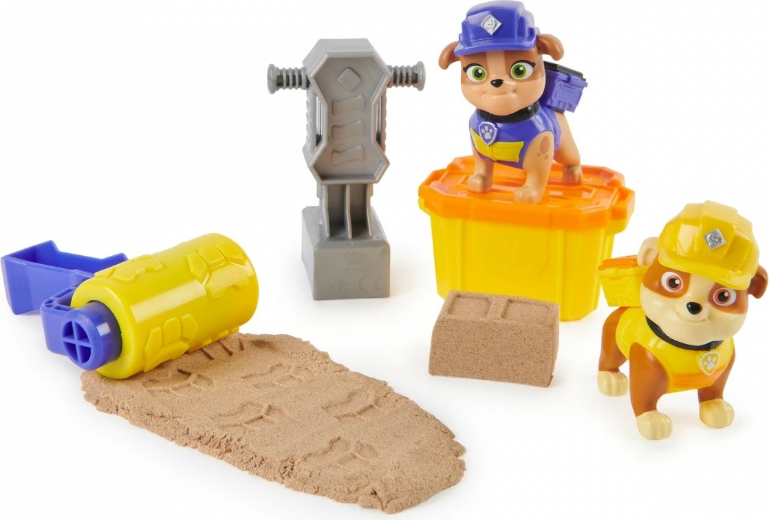 Set figurina Paw Patrol Rubble & Crew, Rubble dhe Mix, me rërë kinetike, 2 vegla ndërtimi