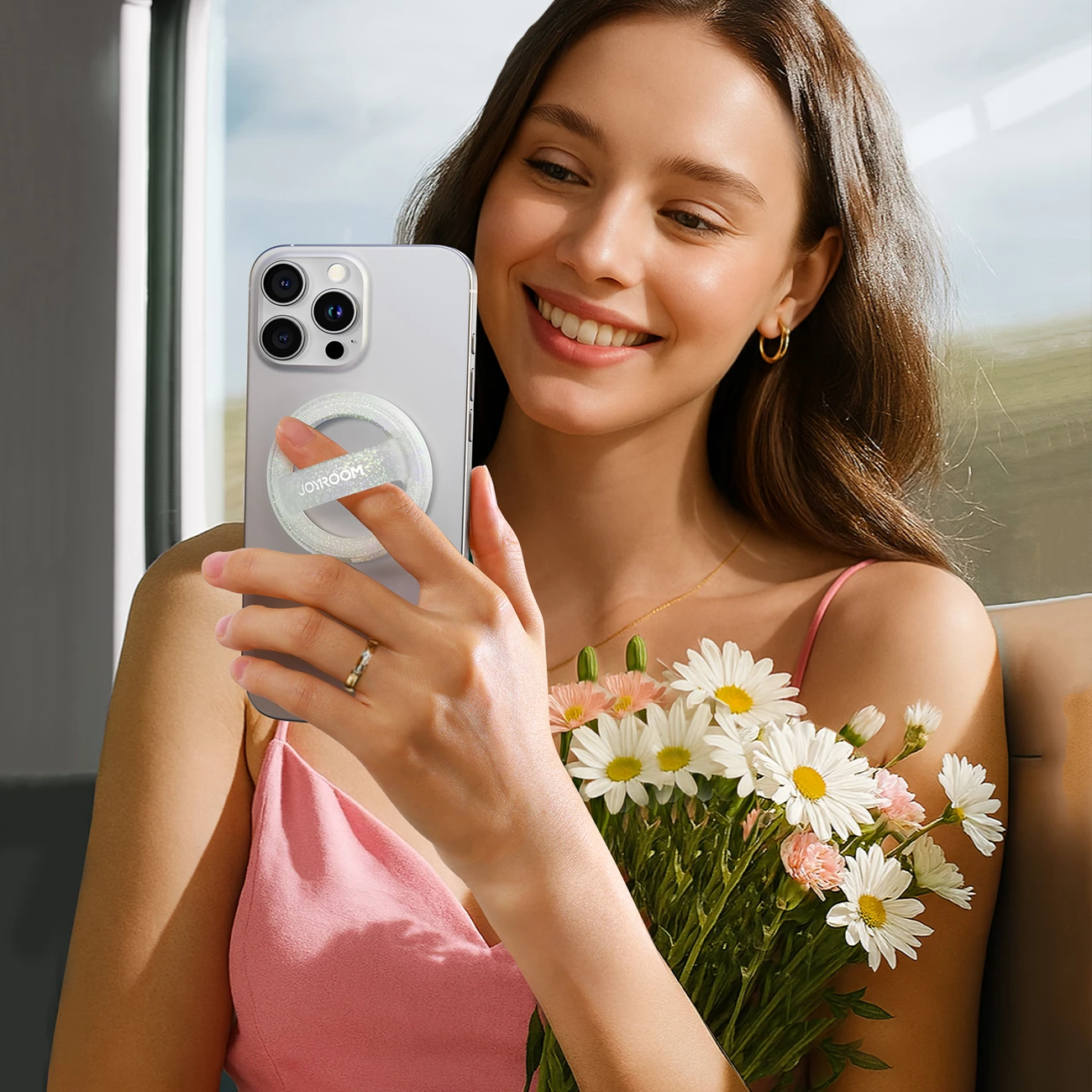 Mbajtës magnetik me unazë, Joyroom JR-ZS500, për MagSafe, kënd rregullues 180°, për telefona 4.7-7.0", alumin + silikon, i bardhë